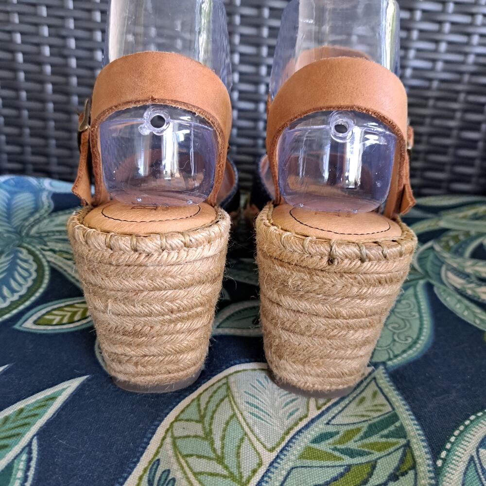Born Tan Leather and denim blue Espadrille Wedge Sandals - Picture 7 of 10